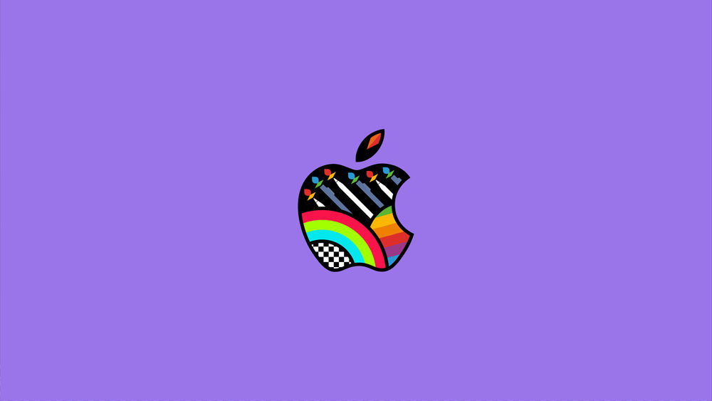 Обои для рабочего стола Разноцветный логотип Apple на фиолетовом фоне