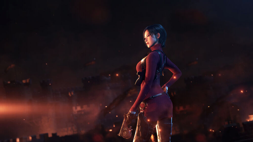 Обои для рабочего стола Ada Wong / Ада Вонг из Resident Evil 4 Remake в красном вязанном платье / свитере, стоит полубоком с пистолет-крюком, DLC Separate Ways