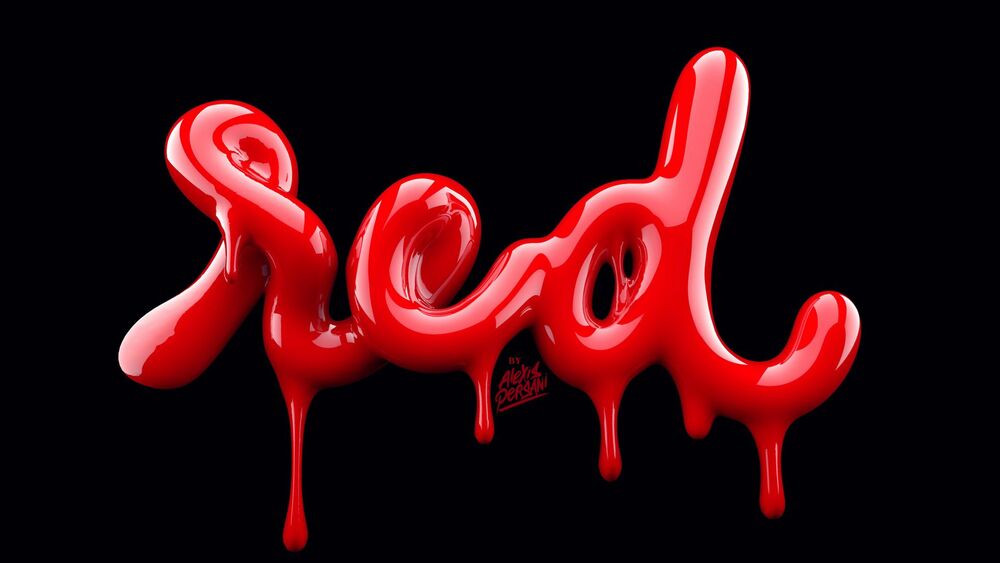 Обои для рабочего стола Слово red выполнено в виде объемного красного текста с эффектом капель на черном фоне