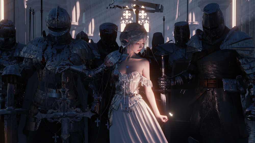 Обои для рабочего стола Princess Yan / Принцесса Ян - персонаж из комикса Ghost Blade / Призрачный клинок в окружении воинов в зале