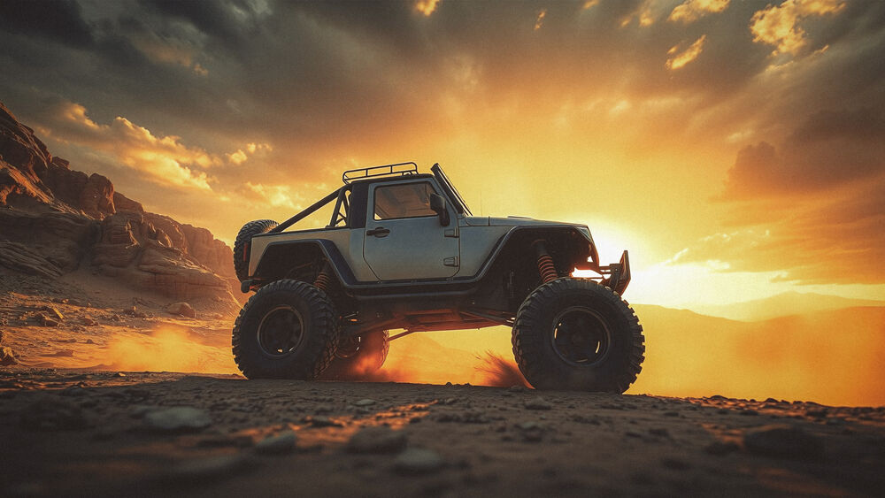 Обои для рабочего стола Внедорожник Jeep движется по песчаной дороге на фоне гор на закате