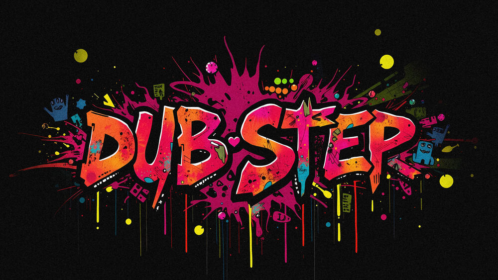 Обои для рабочего стола Надпись Dub-Step выполнена в стиле граффити на черном фоне с разноцветными брызгами и мелкими деталями