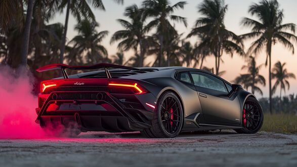 Обои на рабочий стол Автомобиль Lamborghini Huracán / Ламборгини темно-серого цвета стоит на дороге на фоне пальм на закате