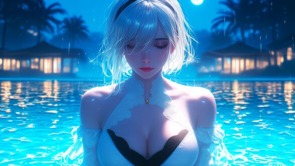 Обои на рабочий стол Обои 2b Nier Automata с короткими серебристыми волосами на фоне пляжа, отдыхает в бассейне под дождем из игры 2b Nier Automata