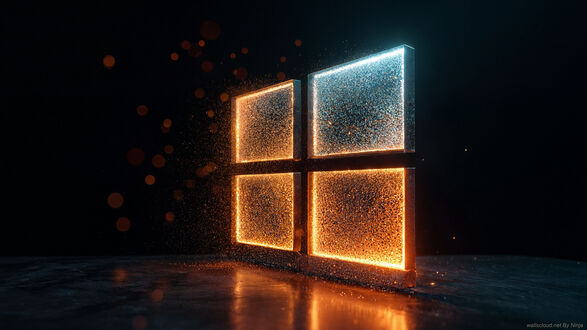 Обои на рабочий стол Логотип Windows светиться на темном фоне, покрытый светящимися частицами