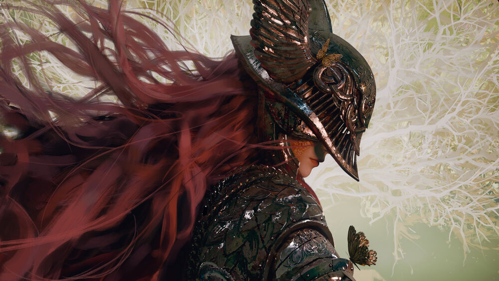 Обои для рабочего стола Malenia, Blade of Miquella / Маления, Клинок Микеллы из игры Elden Ring, на плече которой сидит бабочка
