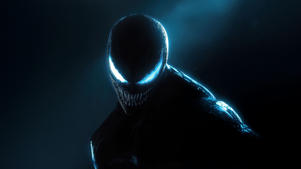 Обои для рабочего стола Венено / Venom с голубыми светящимися глазами в темноте на черном фоне из фильма Веном / Venom
