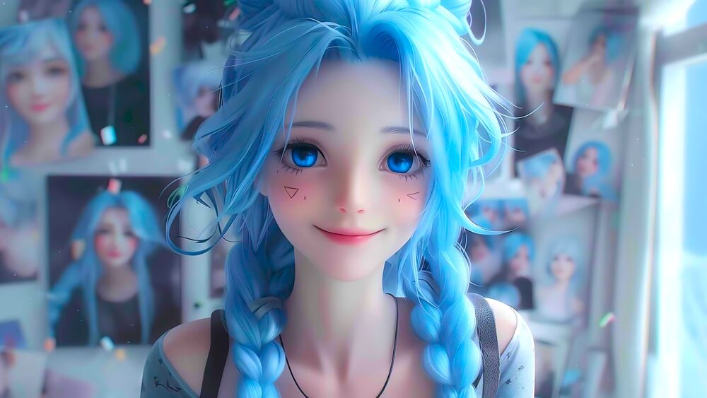 Обои для рабочего стола Обои Jinx / Джинкс, персонаж из видеоигры League of Legends / Лига Легенд и анимационного сериала Arcane Джинкс среди своих портретов на стене