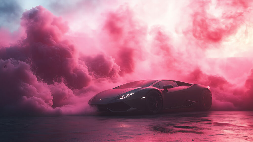 Обои для рабочего стола Автомобиль Ламборгини / Lamborghini дрифтует на асфальте в розовом дыму