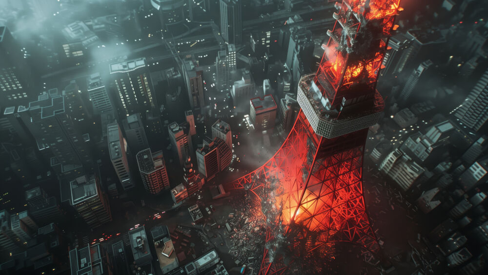 Обои для рабочего стола Токийская башня / Tokyo Tower в огне ночью на фоне ночного города