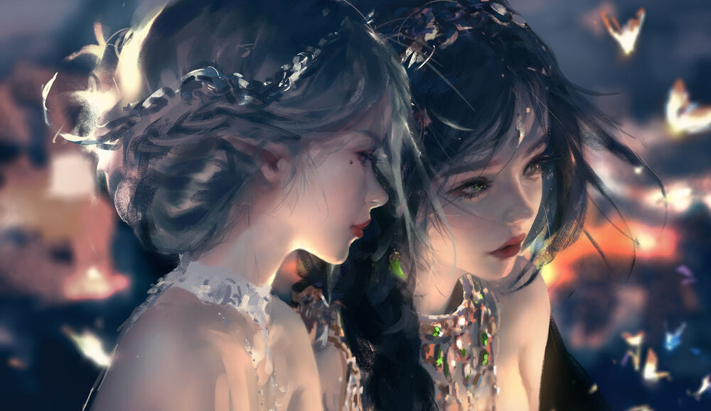 Обои для рабочего стола Princess Aeolian и Princess Yan / Принцесса Ян, персонажи из веб комикса Ghost Blade / Призрачный клинок на размытом фоне