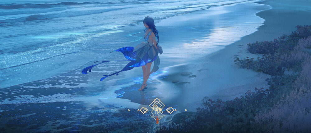 Обои для рабочего стола Shorekeeper из игры Wuthering Waves / Грозовые Волны, одетая в синее платье, стоит на морском берегу