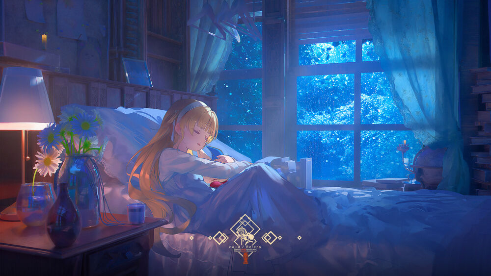 Обои для рабочего стола Phoebe / Фиби из игры Wuthering Waves / Грозовые Волны дремлет на кровати у окна, обнимая плюшевую игрушку