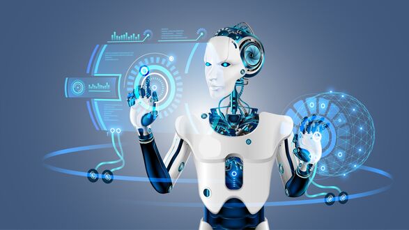 Обои на рабочий стол Робот с белым корпусом управляет голографическим интерфейсом на синем фоне