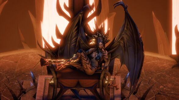 Обои на рабочий стол Nocticula с черными крыльями лежит на троне из игры Pathfinder: Wrath of the Righteous