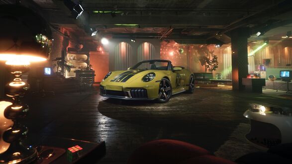 Обои на рабочий стол Желтый кабриолет Порше / Porsche 911 Turbo стоит в затемненном гараже на фоне неоновой подсветки и элементов интерьера