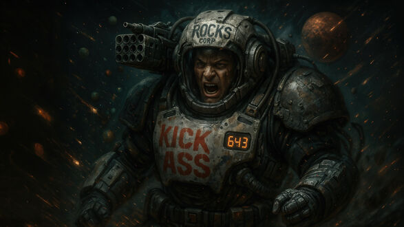 Обои на рабочий стол Космонавт в броне Kick Ass на груди, rocks corp на шлеме и оружием на плече находится в открытом космосе на фоне звездного неба и планет по мотивам заставки к игре Exolon (1987)