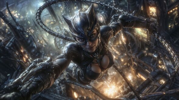 Обои на рабочий стол Женщина-кошка / Catwoman в черном костюме парит над ночным Готэмом / Gotham, на фоне светящихся огней и индустриальных построек из фильма о Бэтмене / Batman