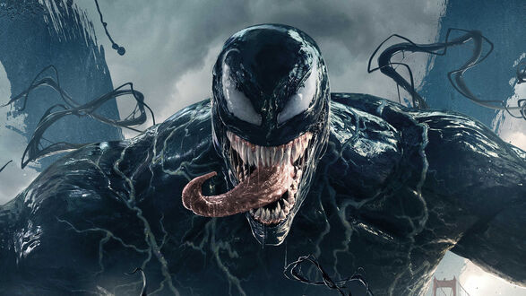 Обои на рабочий стол Симбиот Веном / Venom высунул язык на фоне пасмурного неба из фильма Веном / Venom