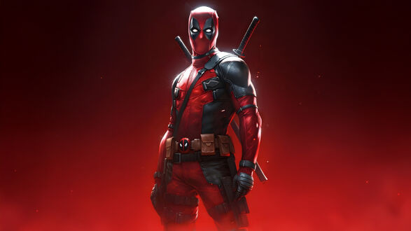 Обои на рабочий стол Дэдпул / Deadpool в красном костюме стоит на красном фоне из фильма Дэдпул / Deadpool