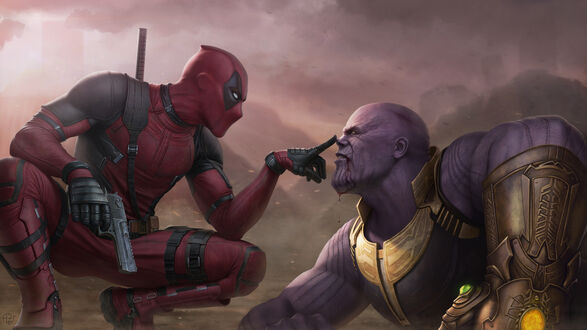 Обои на рабочий стол Дедпул / Deadpool в красном костюме, присев, указывает пальцем на Таноса / Thanos на фоне серо-коричневых гор из фильма Мстители / Avengers
