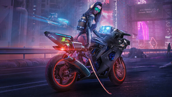 Обои на рабочий стол Девушка на мотоцикле с катаной из игры Cyberpunk 2077