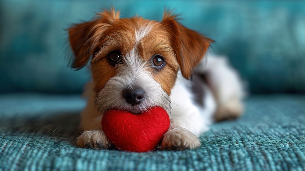 Обои для рабочего стола Щенок породы Джек-рассел-терьер / Jack Russell Terrier держит в зубах красное сердце лежа на бирюзовом диване