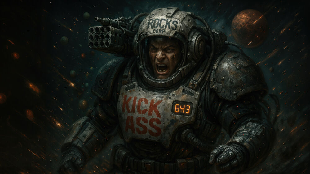 Обои для рабочего стола Космонавт в броне Kick Ass на груди, rocks corp на шлеме и оружием на плече находится в открытом космосе на фоне звездного неба и планет по мотивам заставки к игре Exolon (1987)