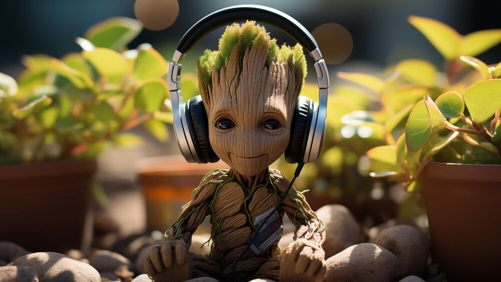 Обои для рабочего стола Грут / Groot в наушниках сидит на камнях на фоне зеленых растений из фильма Стражи Галактики / Guardians of the Galaxy