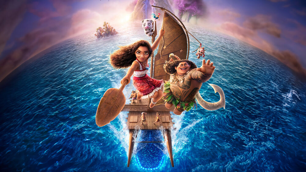 Обои для рабочего стола Муанна / Moana и Мауи / Maui плывут на утлой лодке по синей воде на фоне островов из мультфильма Моана / Moana