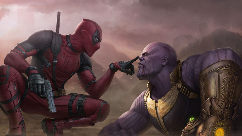 Обои для рабочего стола Дедпул / Deadpool в красном костюме, присев, указывает пальцем на Таноса / Thanos на фоне серо-коричневых гор из фильма Мстители / Avengers