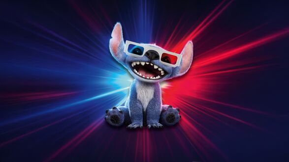 Обои на рабочий стол Стич в очках для 3D кино сидит на фоне из сине-красных лучей