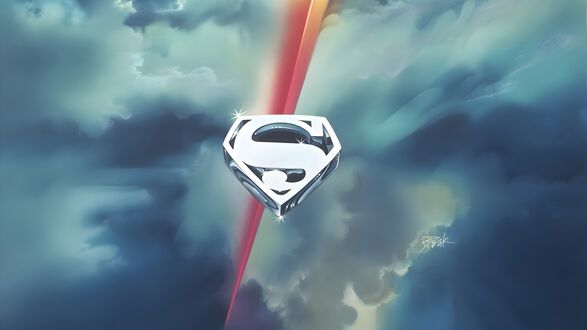 Обои на рабочий стол Символ Супермена / Superman парит в небе на фоне облаков из фильма Супермен / Superman