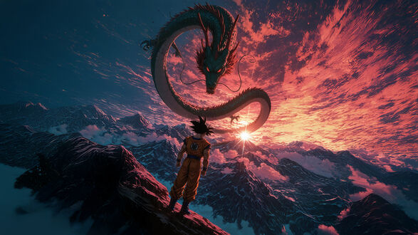 Обои на рабочий стол Goku стоит на вершине горы на фоне заката и огромного зеленого дракона из аниме Dragon Ball