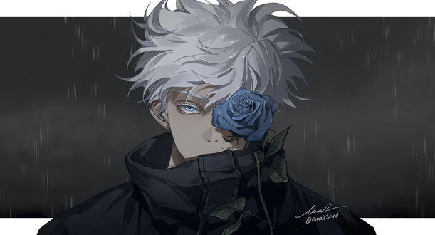 Обои на рабочий стол Сатору Годзе / Satoru Gojou из аниме Магическая битва / Jujutsu Kaisen с голубой розой у лица