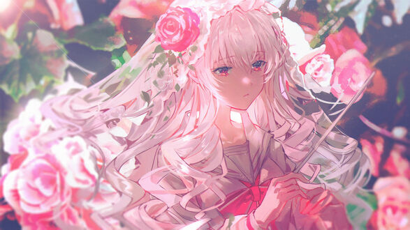 Обои на рабочий стол Hikari / Хикари из игры Arcaea в вуали на голове, украшенной розами