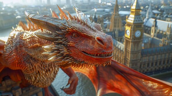Обои на рабочий стол Красный дракон крупным планом, парит над Лондоном / London в солнечный день на фоне здания парламента