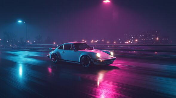 Обои на рабочий стол Белый Porsche 911 RSR едет по ночному шоссе