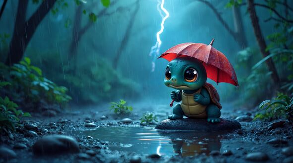 Обои на рабочий стол Покемон Сквиртл / Squirtle держит красный зонтик сидя на камне во время дождя и грозы в лесу