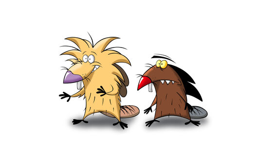 Обои на рабочий стол Бобры Норберт и Дейл / Norbert and Daggett стоят на белом фоне из мультсериала Крутые бобры / The Angry Beavers