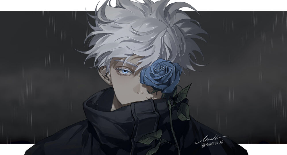 Обои для рабочего стола Сатору Годзе / Satoru Gojou из аниме Магическая битва / Jujutsu Kaisen с голубой розой у лица