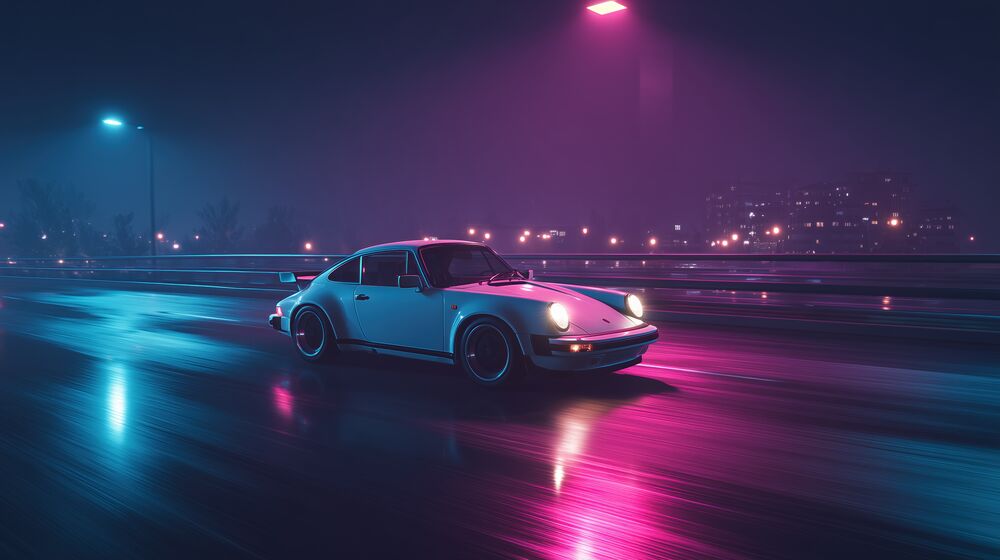 Обои для рабочего стола Белый Porsche 911 RSR едет по ночному шоссе