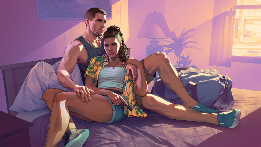 Обои для рабочего стола Джейсон / Jason и Люсия Каминос / Lucia Caminos сидят на кровати в номере отеля днем в солнечную погоду на фоне окна с видом на улицу из игры GTA 6 / GTA 6