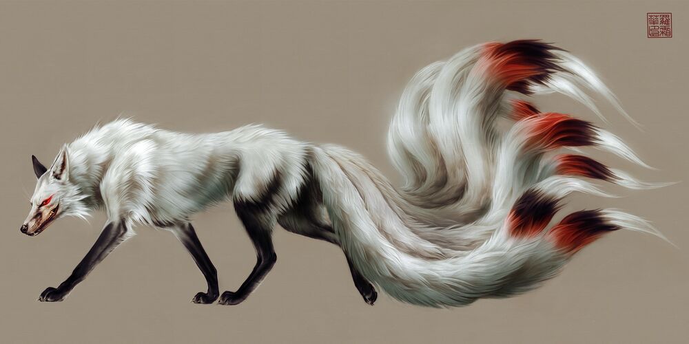 Обои для рабочего стола Кицунэ / Kitsune с девятью хвостами белого цвета на бежевом фоне