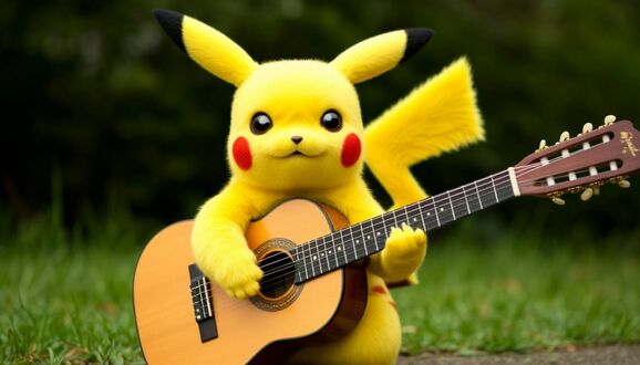 Обои на рабочий стол Пикачу / Pikachu играет на гитаре на зеленой траве