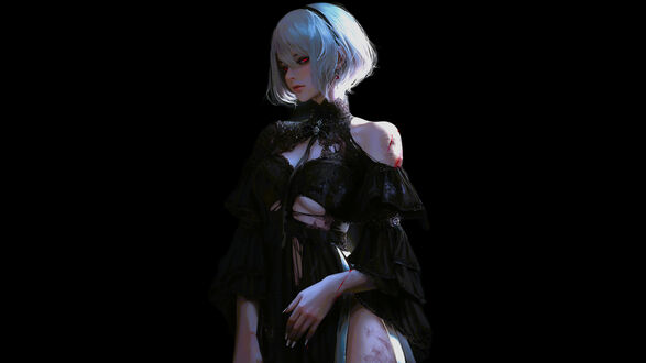Обои на рабочий стол 2B Nier Automata / 2B Ниэр: Автомата в черном платье с кружевными элементами стоит на черном фоне из игры 2b Nier Automata