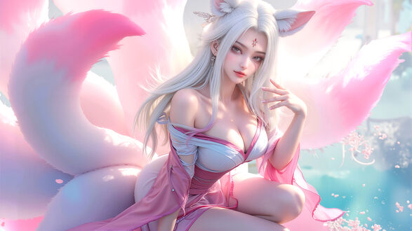 Обои на рабочий стол Ари / Ahri из игры Лига Легенд / League of Legends в розовом платье сидит на фоне розового водоема