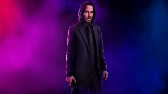 Обои на рабочий стол Keanu Reeves / Киану Ривз в роли Джонатана Уика / Jonathan Wick в черном костюме держит пистолет на фиолетово-синем фоне из фильма Джон Уик / John Wick