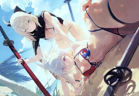 Обои на рабочий стол Sakura Saber и Musashi Miyamoto отдыхают на морском пляже под пальмами из аниме Fate Grand Order