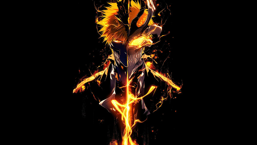 Обои для рабочего стола Ичиго Куросаки / Ichigo Kurosaki на черном фоне из аниме Блич / Bleach